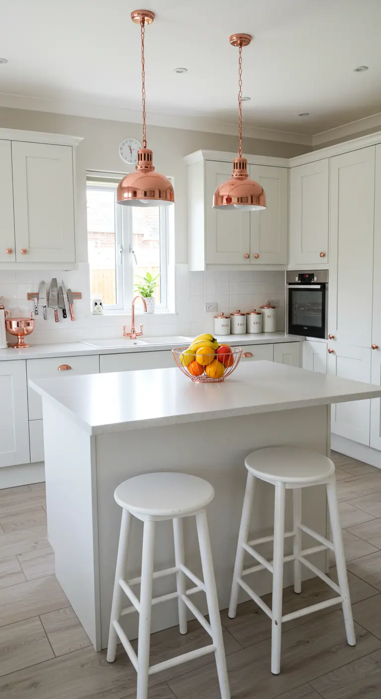 Isla de cocina blanca con dos lámparas colgantes de cúpula de cobre