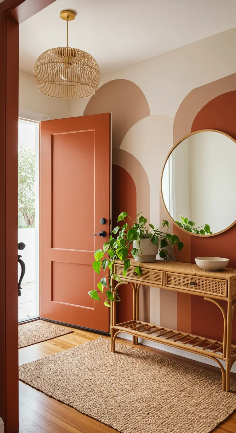 Recibidor de estilo bohemio con un mural de arcos en tonos tierra y una puerta color terracota.