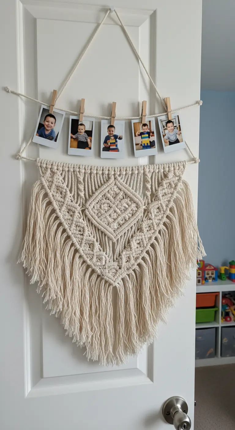 Colgador de fotos de macramé con forma de V colgado en la parte posterior de una puerta blanca.