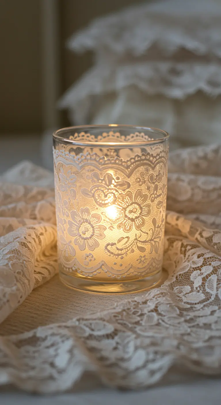 Portavelas de cristal con un intrincado patrón de encaje floral pintado en blanco.