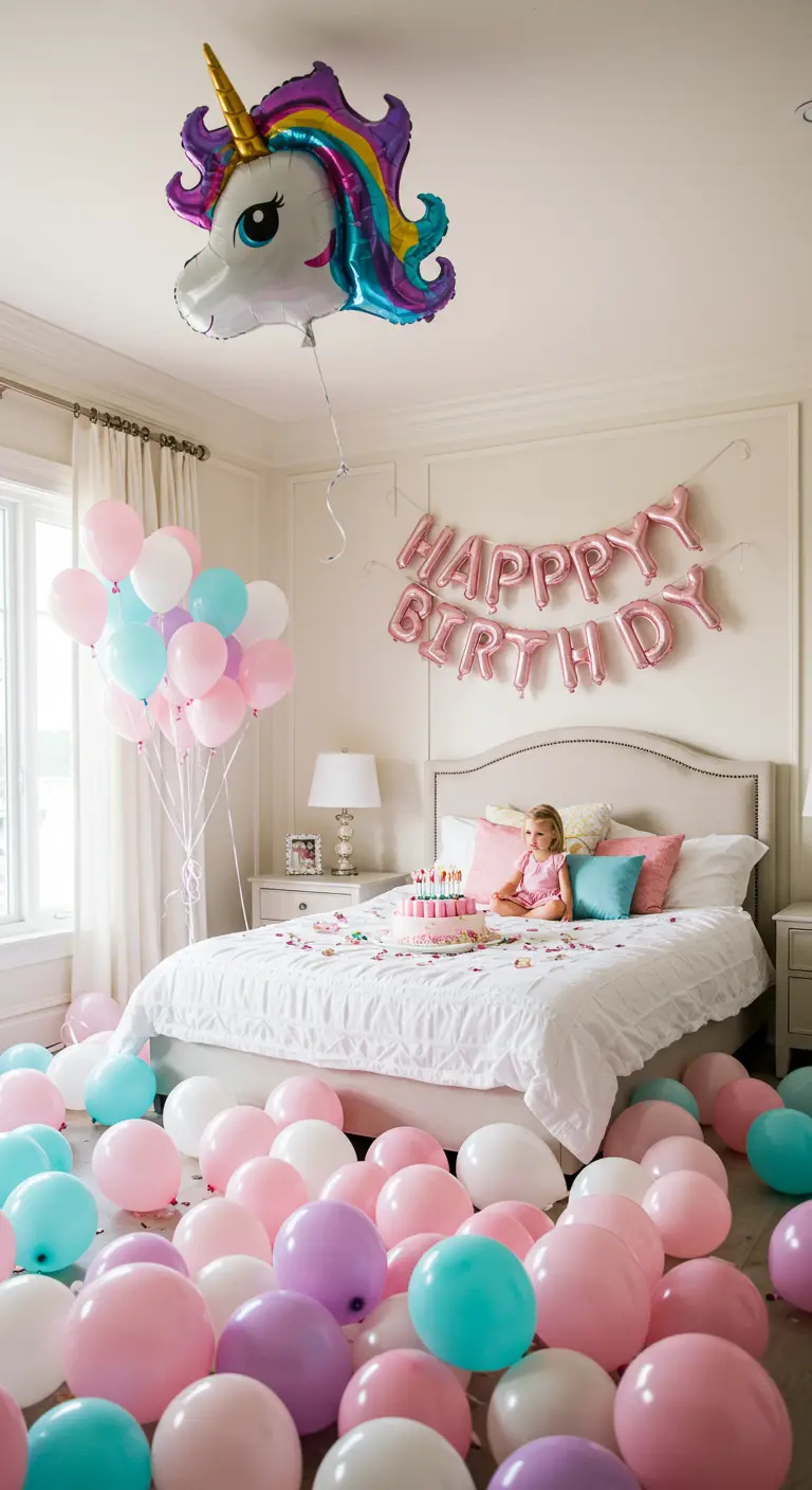 Habitación infantil llena de globos pastel en el suelo y un gran unicornio flotante.