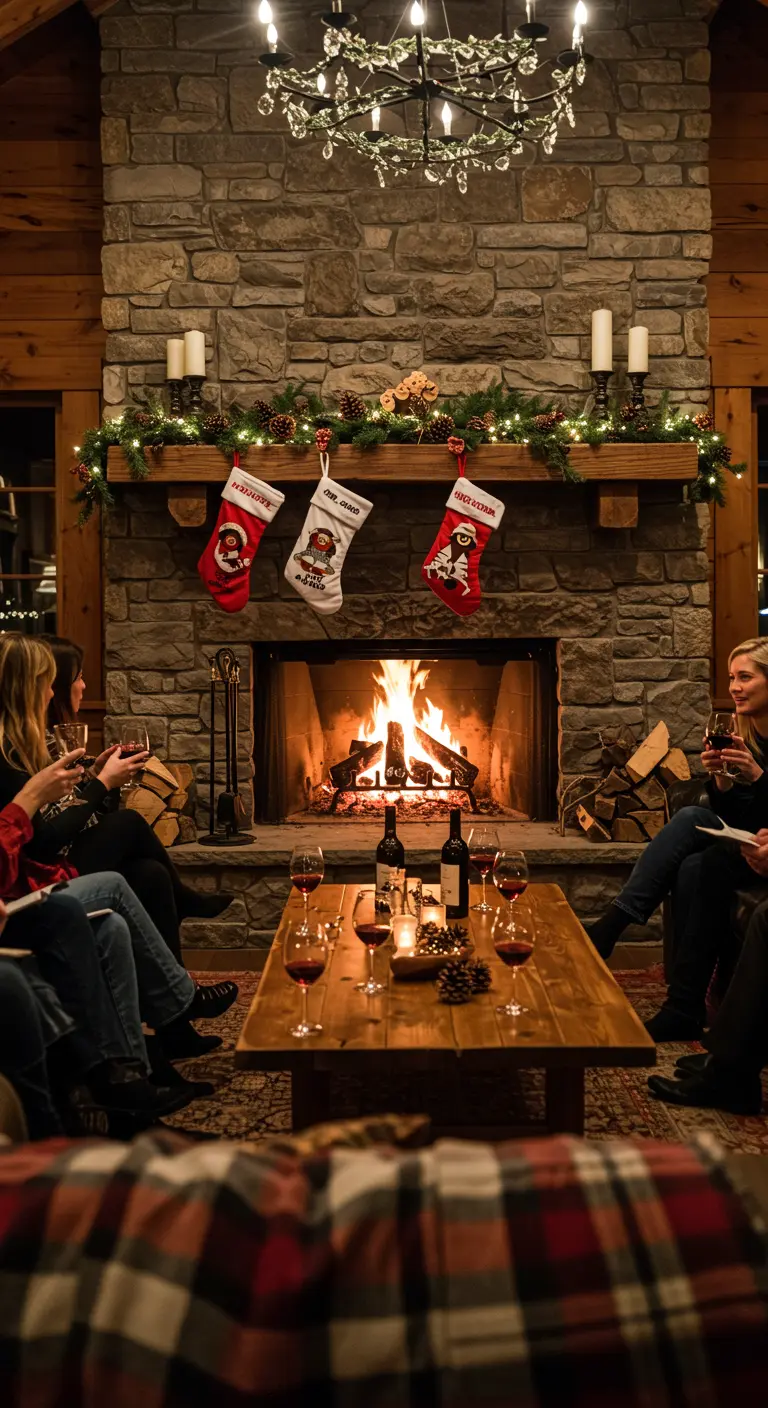 Grupo de personas brindando con vino tinto frente a una chimenea de piedra rústica.