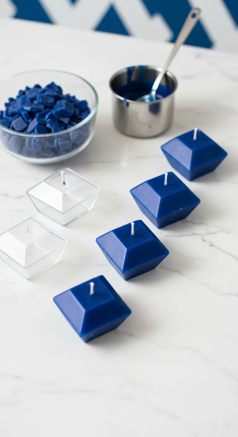 Varias velas caseras de color azul intenso con forma de diamante sobre una superficie de mármol
