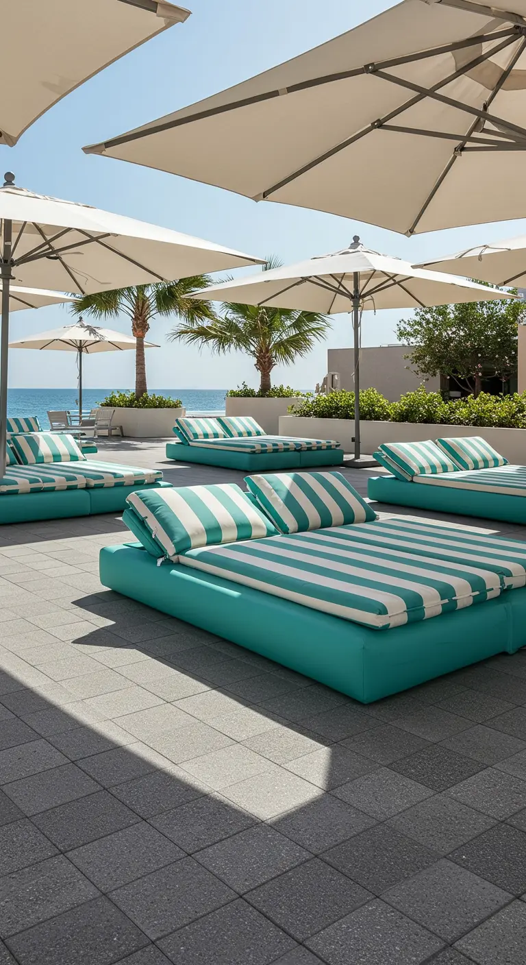 Zona de piscina con varias camas de día bajas y anchas con colchonetas a rayas turquesa y blanco