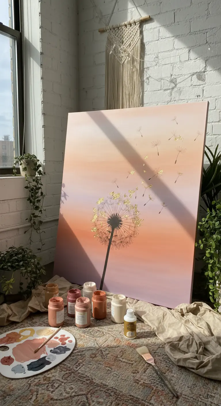 Gran lienzo con un diente de león y semillas doradas volando sobre un fondo degradado en tonos cálidos.
