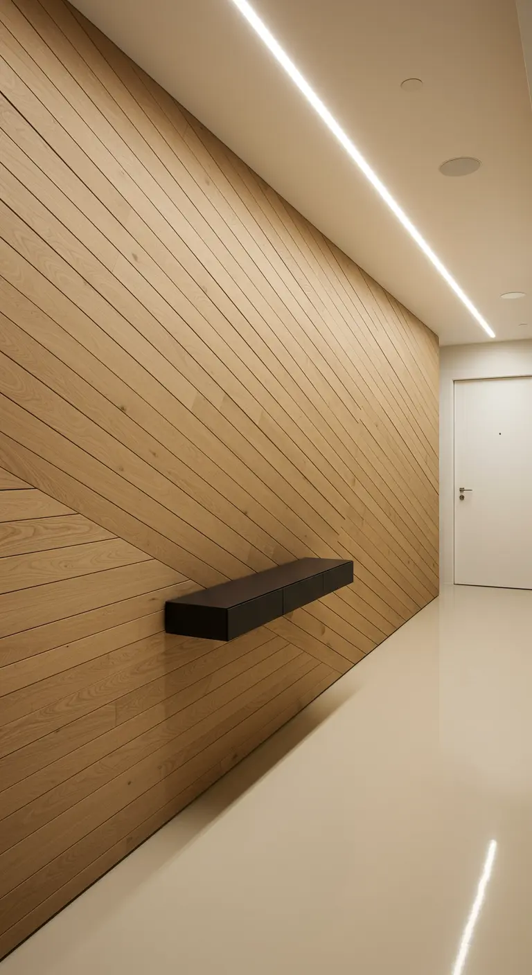 Pasillo de entrada moderno con una pared de listones de madera instalados en diagonal