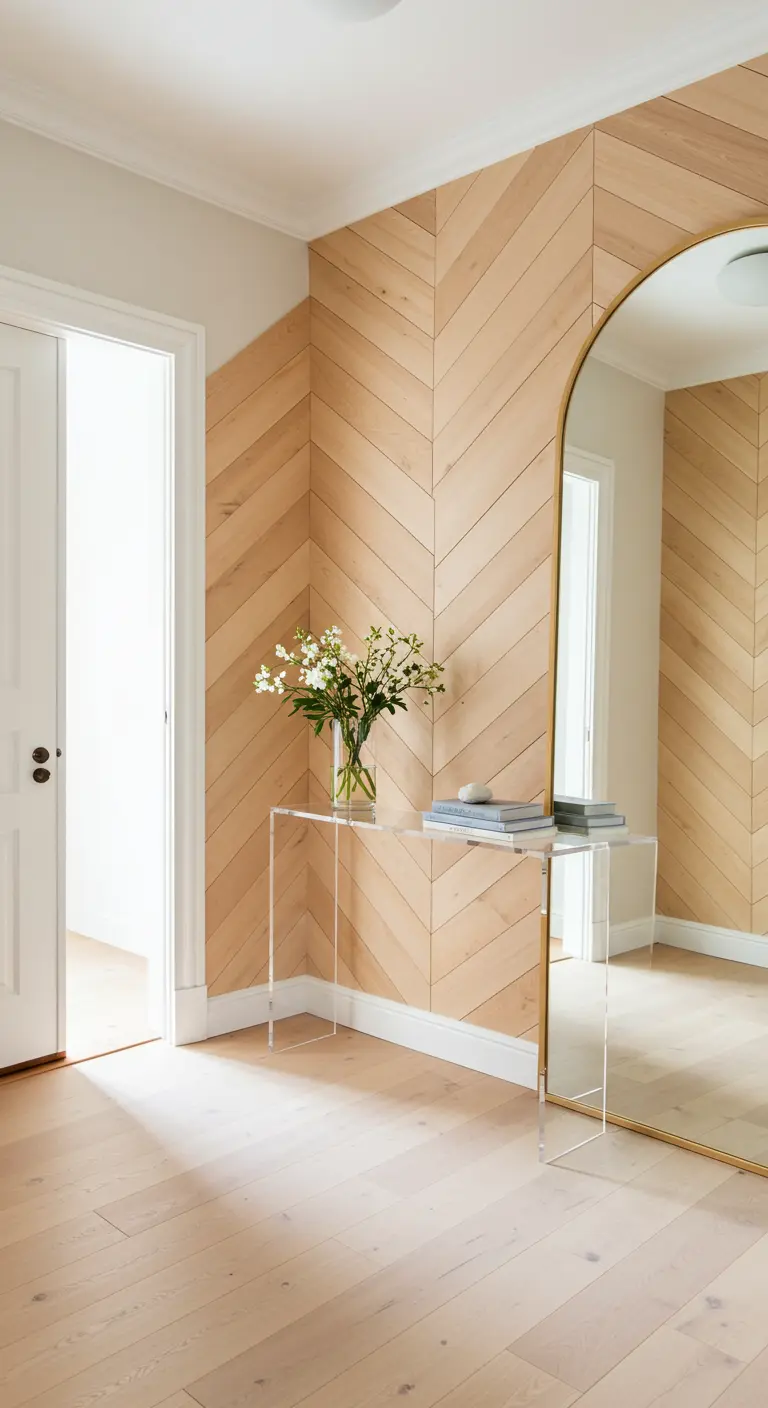 Pared de madera en patrón de espiga con una consola de metacrilato y un gran espejo arqueado