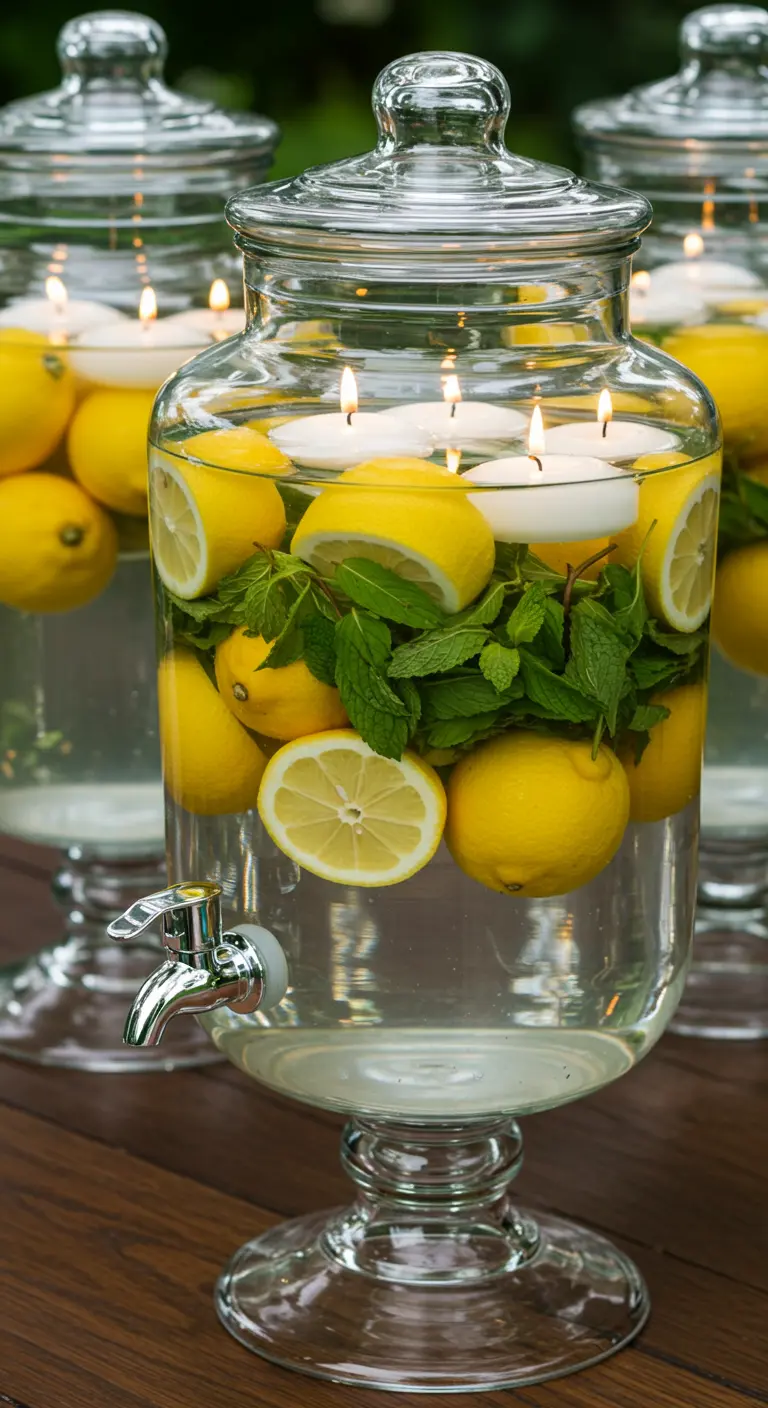 Dispensador de bebidas de vidrio lleno de limones, menta y velas flotantes blancas en la parte superior.