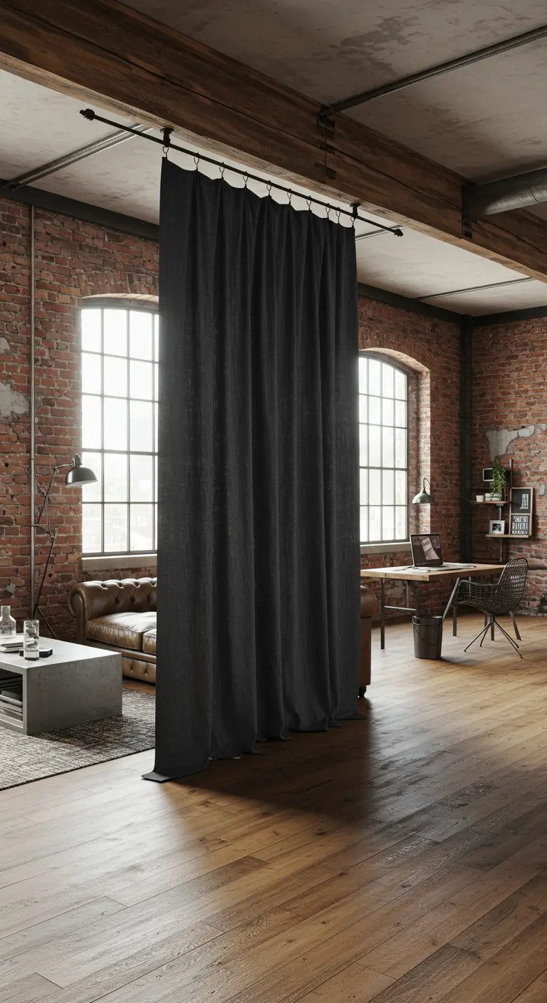 Cortina negra larga utilizada como separador de ambientes en un loft de estilo industrial.