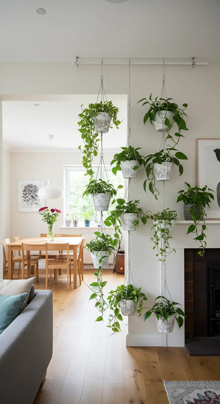Una cortina vertical de plantas colgantes que separa la sala de estar del comedor