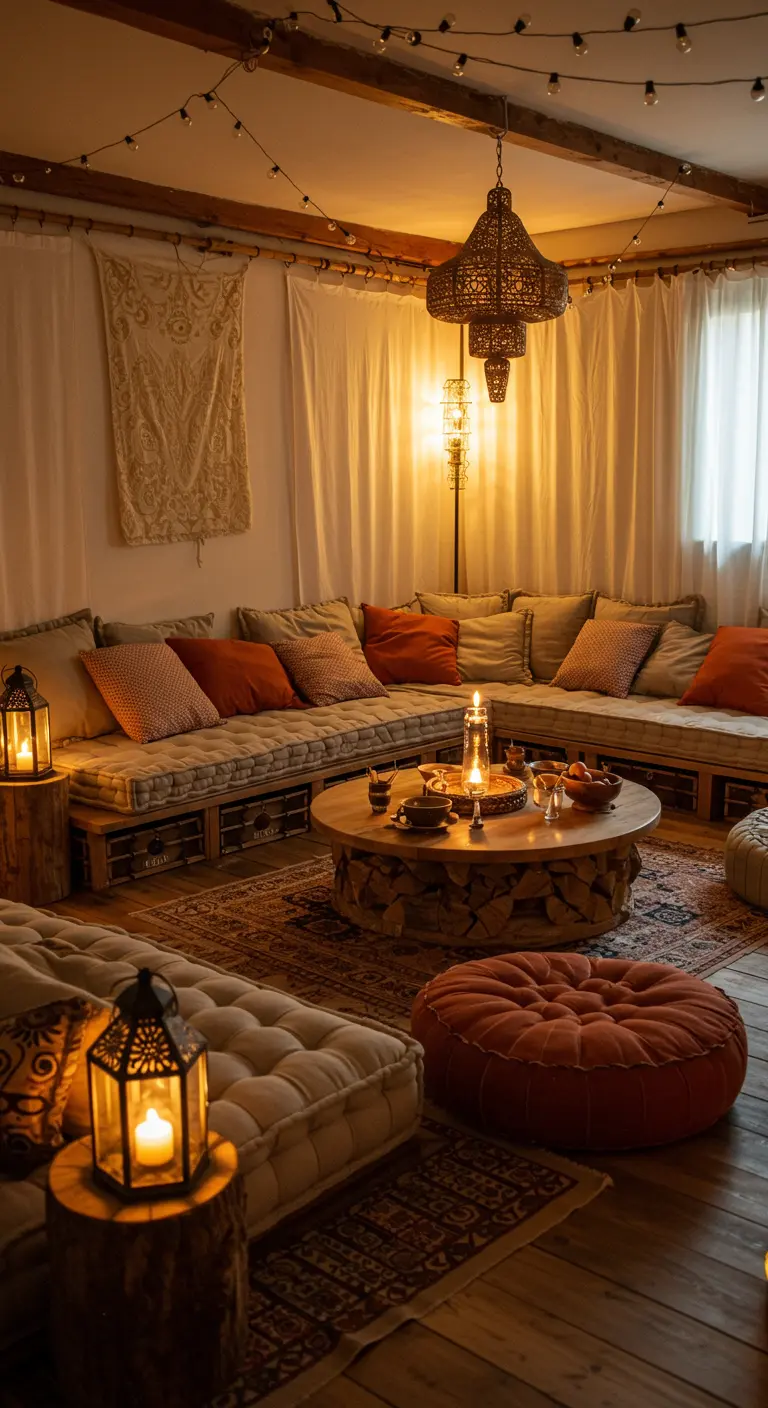 Acogedora sala bohemia con un sofá hecho de palets, cojines y farolillos con velas.