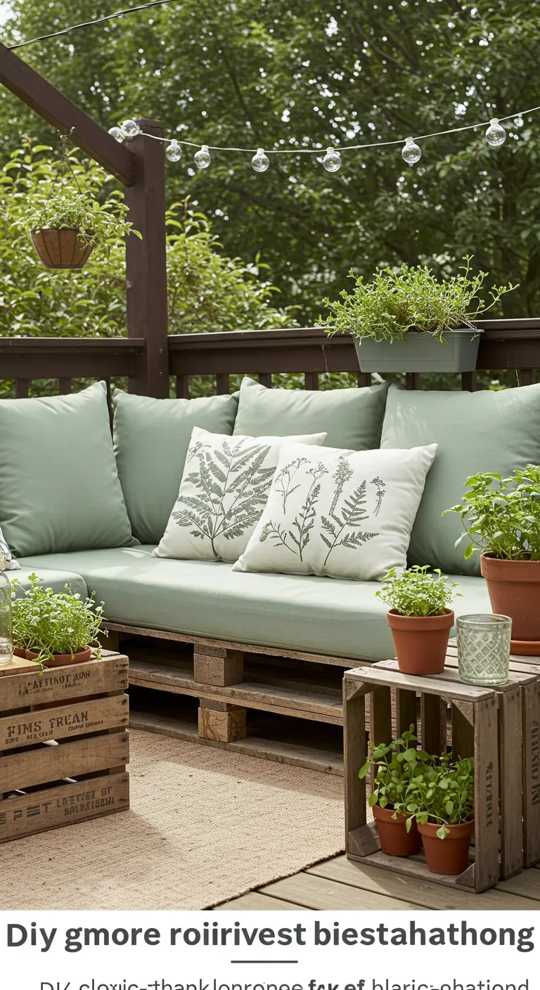 Sofá hecho con palets pintados de verde salvia, con cojines a juego y cajas de fruta como mesas