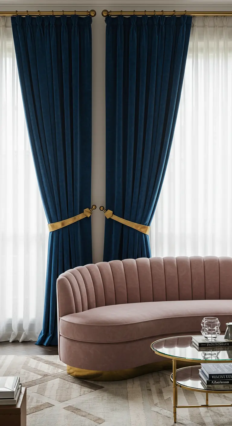 Cortinas de terciopelo azul recogidas con alzapaños dorados sobre unas cortinas transparentes.