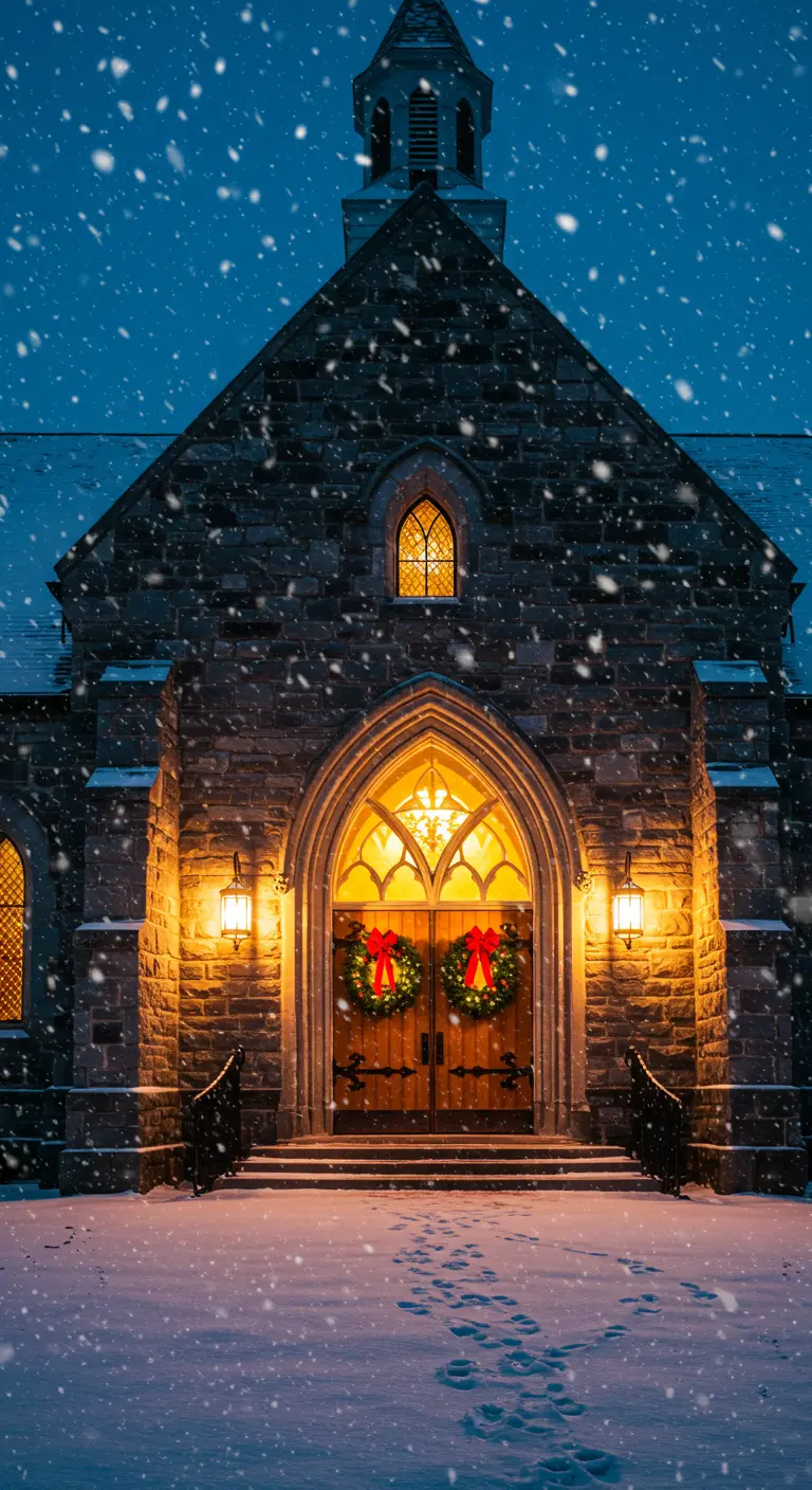 Dos coronas de pino con lazos rojos en las puertas dobles de una iglesia de piedra nevando.