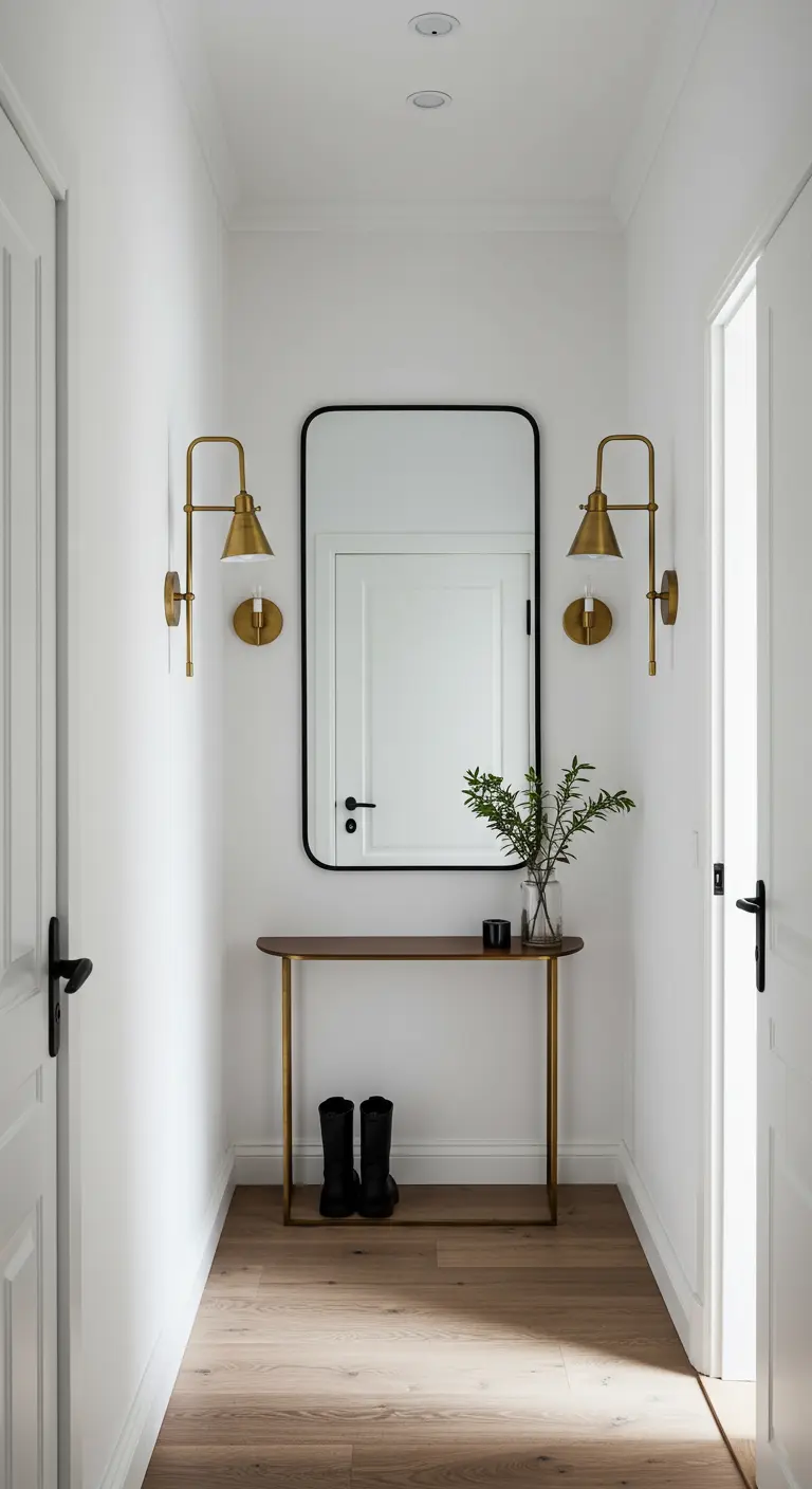 Entrada simétrica con un espejo rectangular, dos apliques dorados y una consola estrecha.