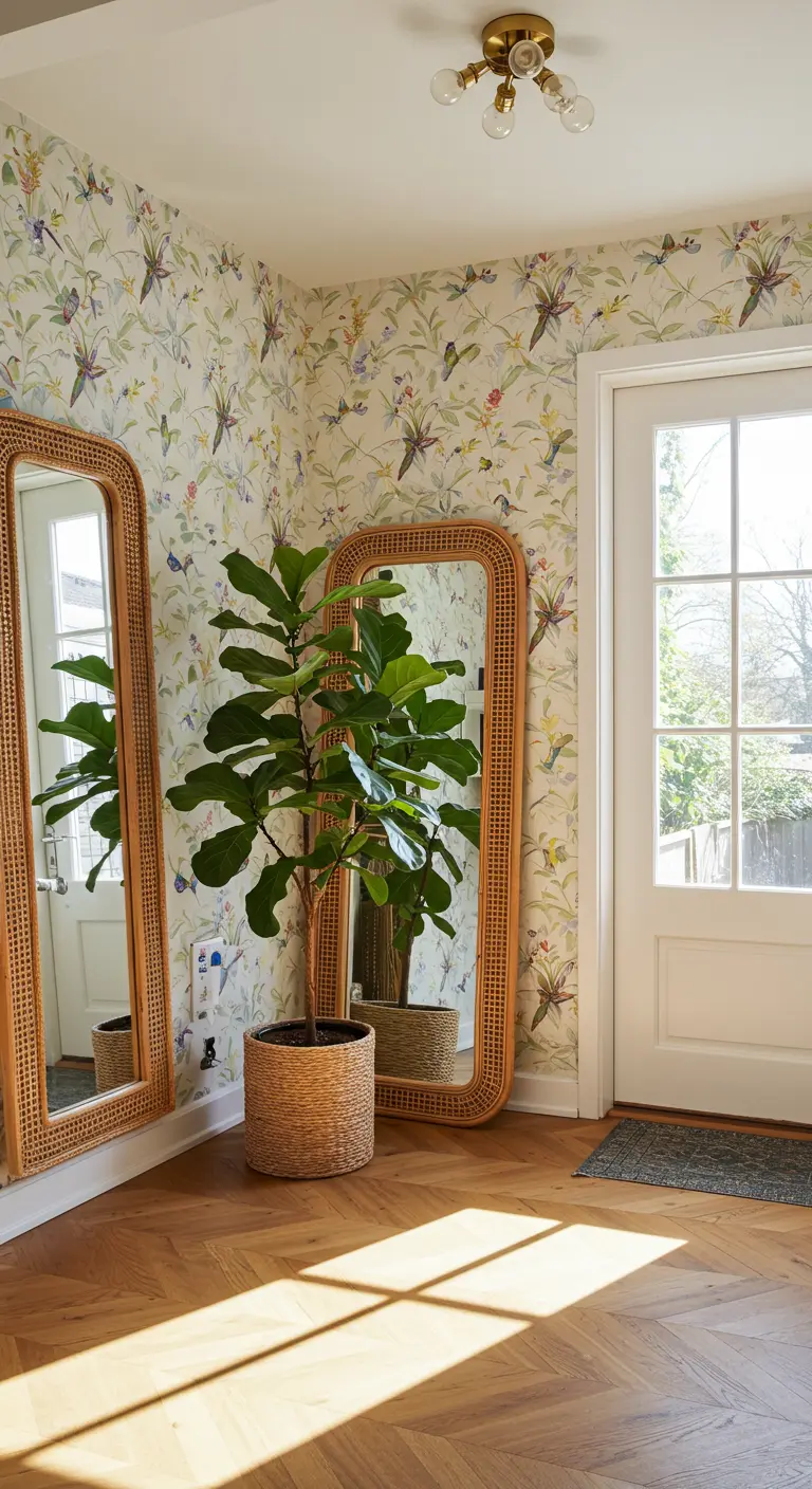 Pasillo estrecho con papel tapiz de colibríes, dos espejos de ratán altos y una planta grande.