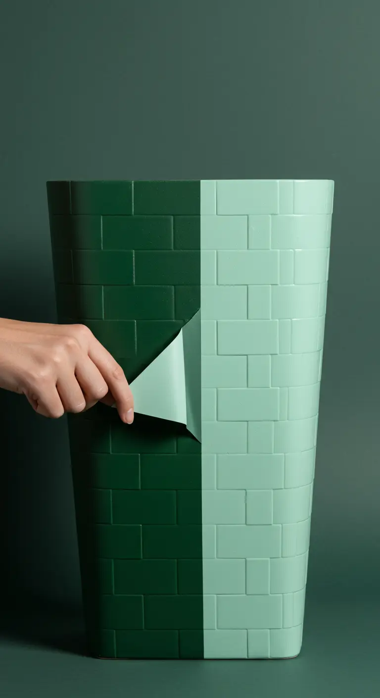 Maceta verde texturizada con una sección siendo despegada para revelar un tono más claro.