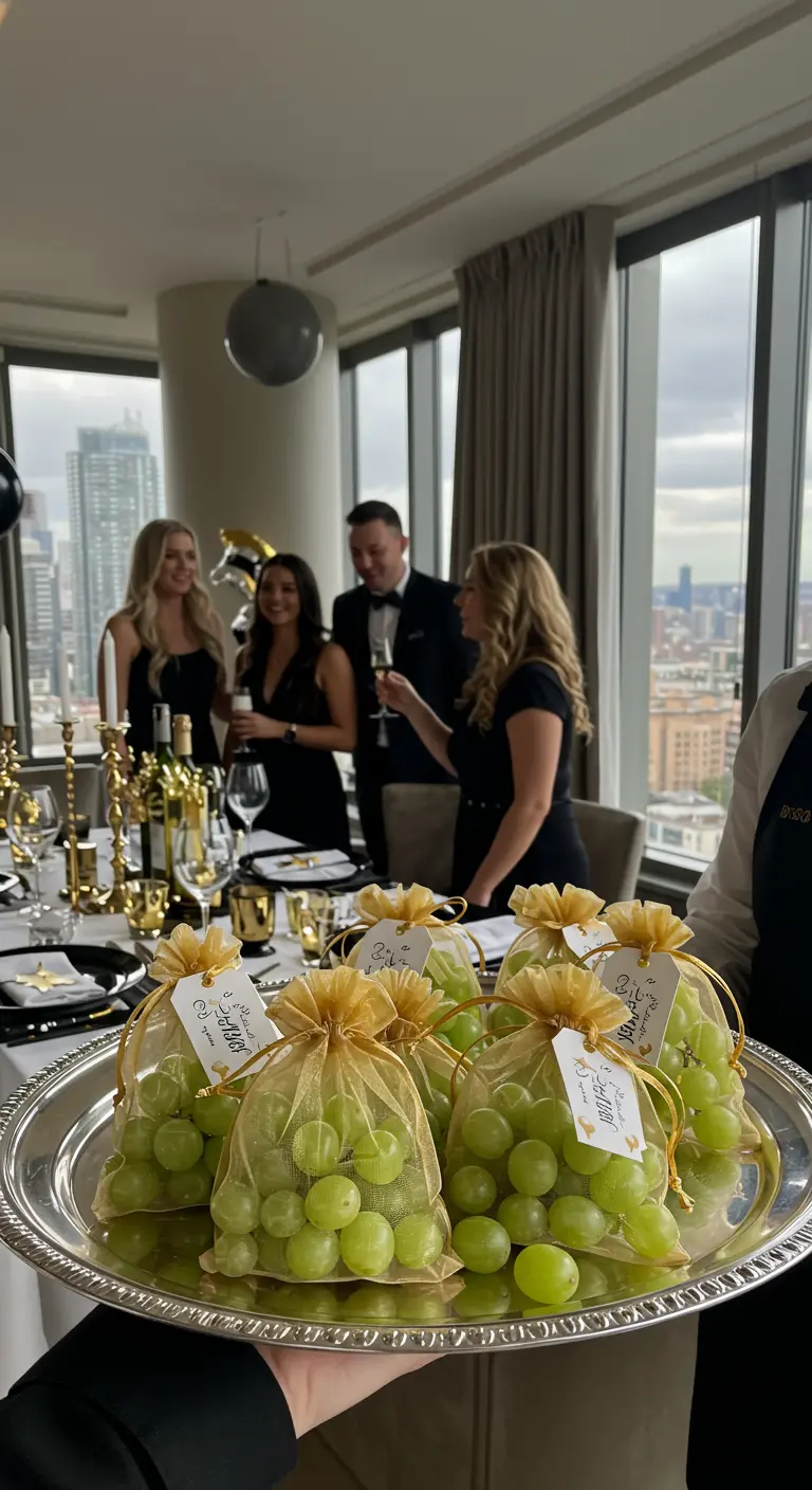 Bolsitas de organza dorada llenas de uvas verdes para la víspera de Año Nuevo.