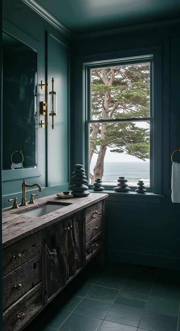 Baño con paredes verde azulado, mueble de madera envejecida y vistas al mar.