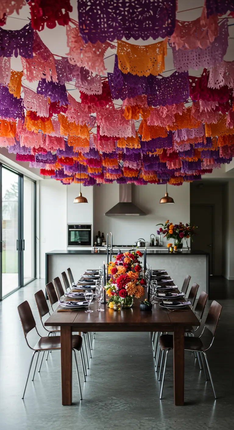 Comedor moderno con un techo completamente cubierto de papel picado rosa, morado y naranja.