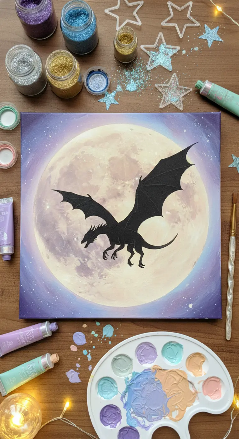 Cuadro con la silueta negra de un dragón volando frente a una luna llena sobre un fondo galáctico morado.