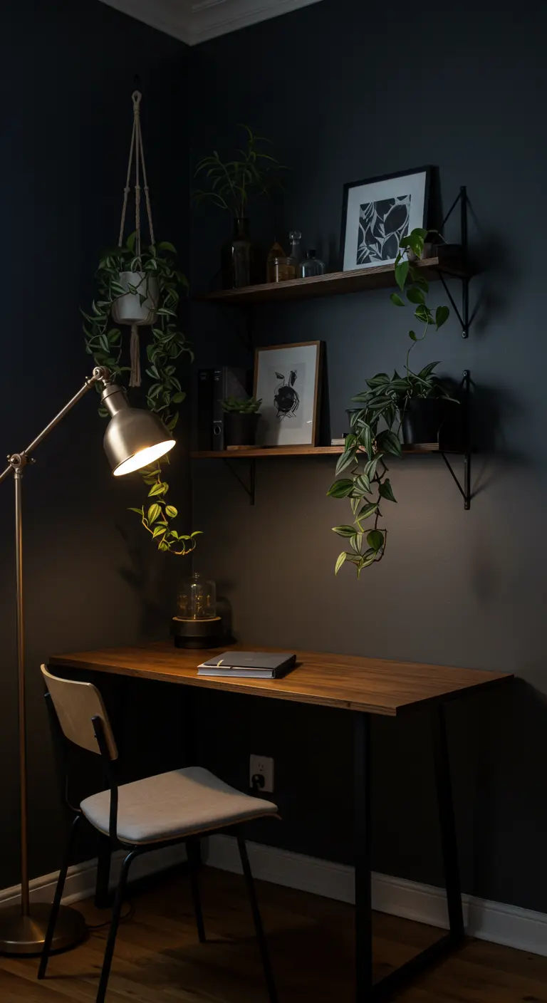 Oficina en un rincón oscuro con paredes negras, estanterías de madera y lámpara de metal.