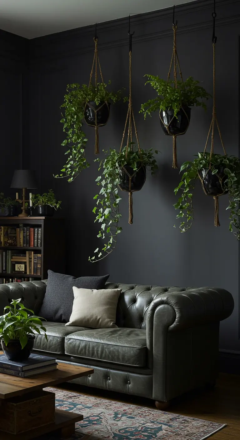 Plantas con hojas verdes vibrantes colgando contra una pared pintada de color negro mate