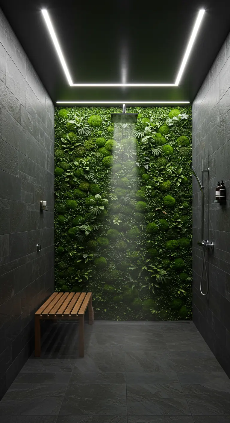 Ducha moderna con pared de musgo y plantas vivas, azulejos oscuros y banco de madera.