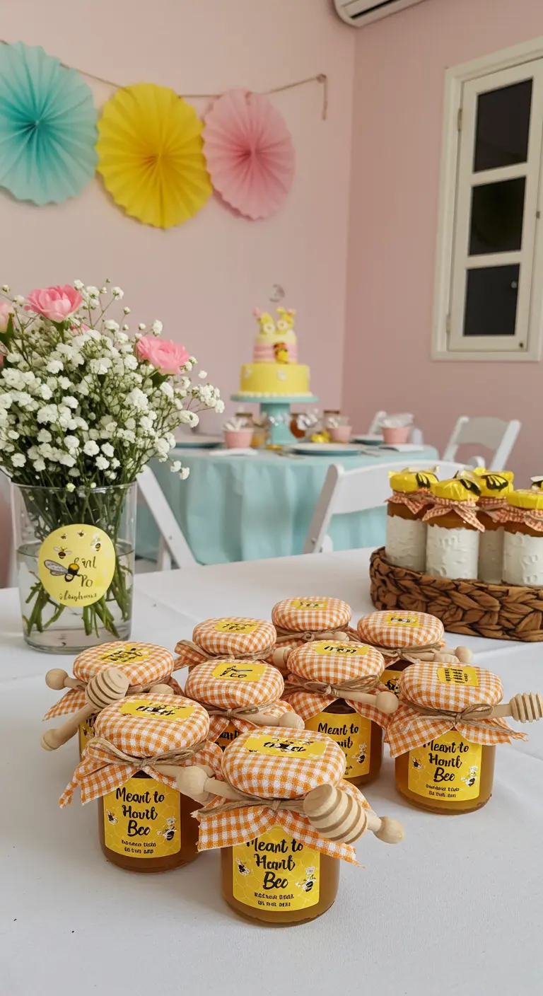 Tarritos de miel con tapas de tela a cuadros y etiquetas 'Meant to Bee'.