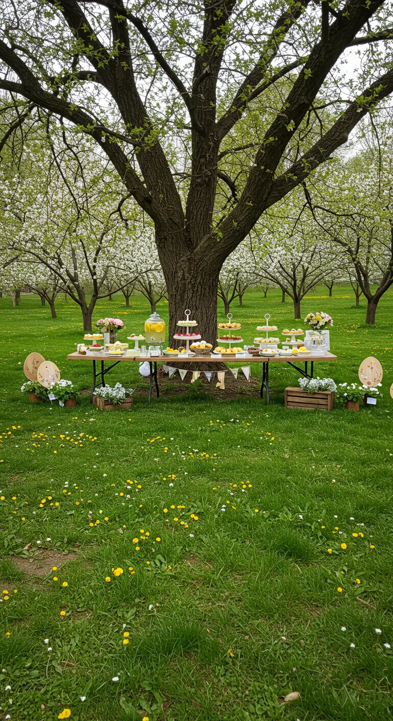 Mesa de postres instalada bajo un gran árbol en un prado verde.