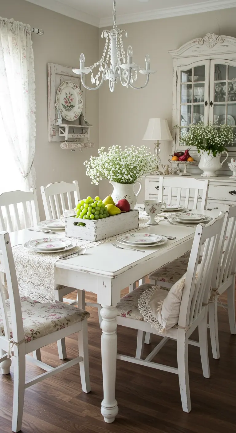 Comedor shabby chic con una caja de madera blanca llena de uvas como centro de mesa.