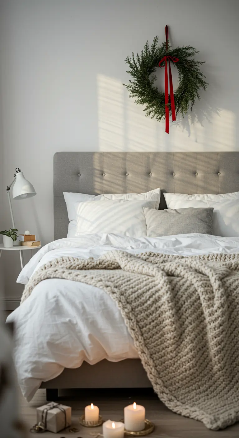 Dormitorio minimalista con una corona de pino y lazo rojo colgada sobre la cama.