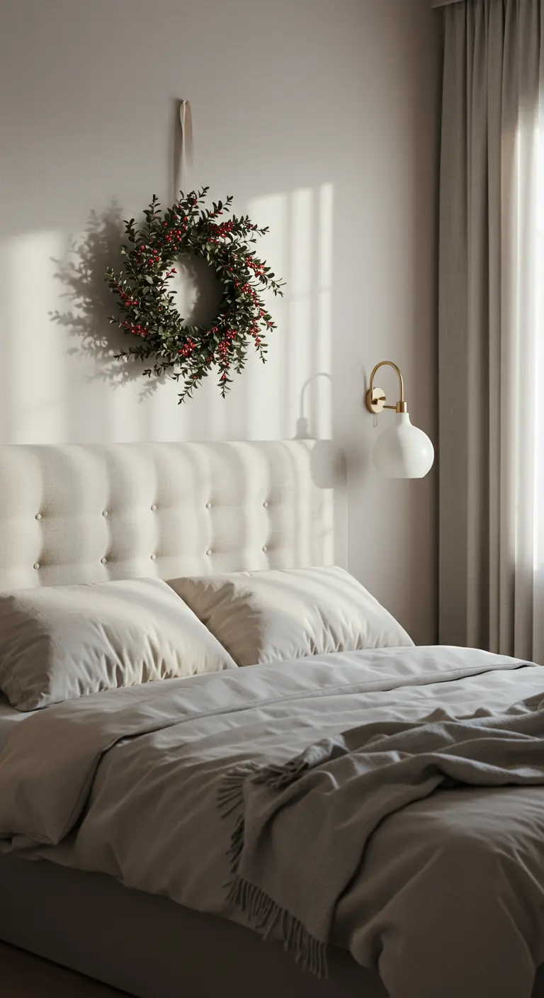 Corona de eucalipto y bayas colgada sobre el cabecero de una cama neutra.