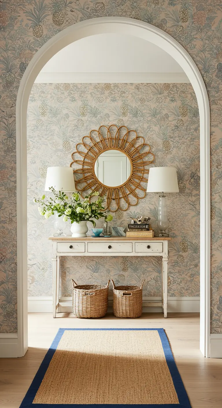 Entrada con arco, papel tapiz de piñas en tonos suaves y consola blanca de estilo vintage.