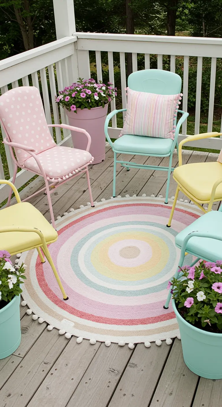 Balcón con sillas de metal pintadas en colores pastel y una alfombra redonda de arcoíris