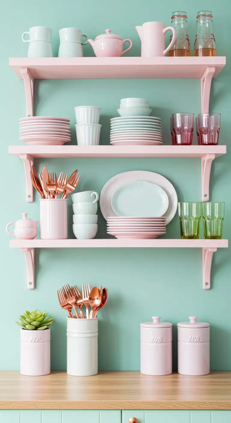 Estantes de color rosa pastel sobre una pared verde menta con vajilla a juego y cubiertos de cobre.