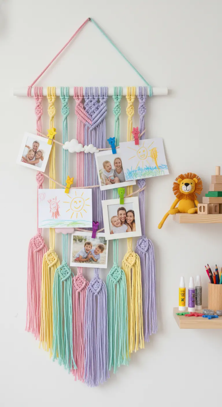 Colgador de fotos de macramé en colores pastel con dibujos y fotos de niños.