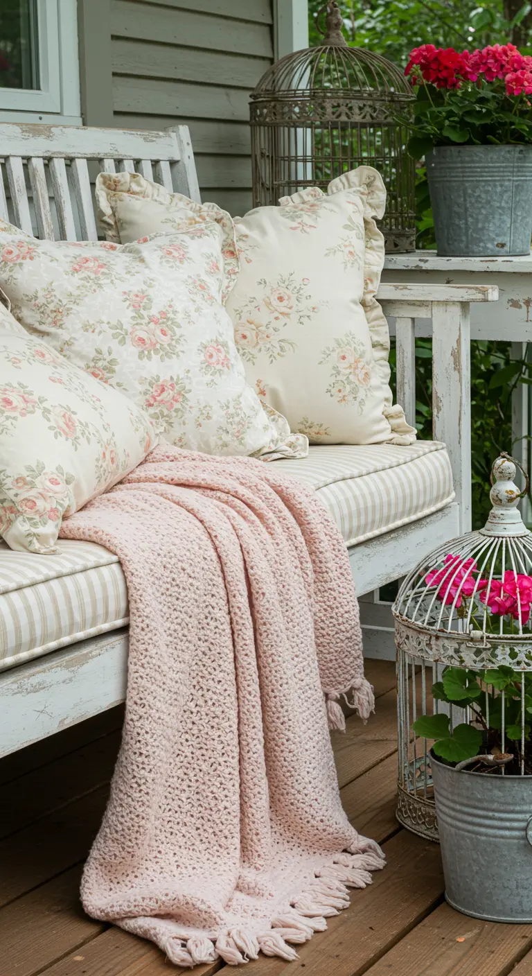 Banco de madera blanco de estilo vintage con cojines florales con volantes y una manta de crochet rosa.