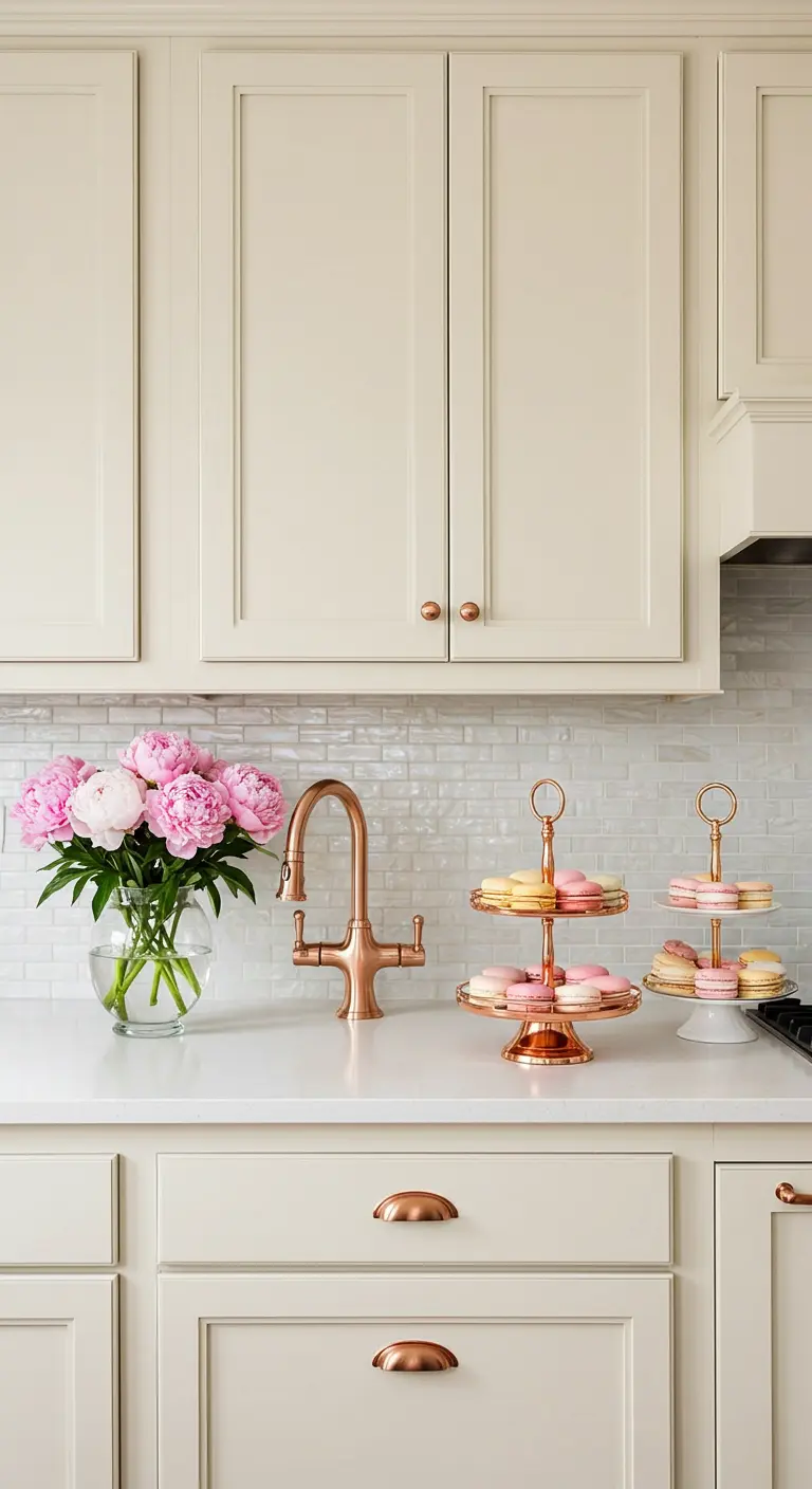 Encimera de cocina blanca con grifo de cobre, flores rosas y expositores de postres
