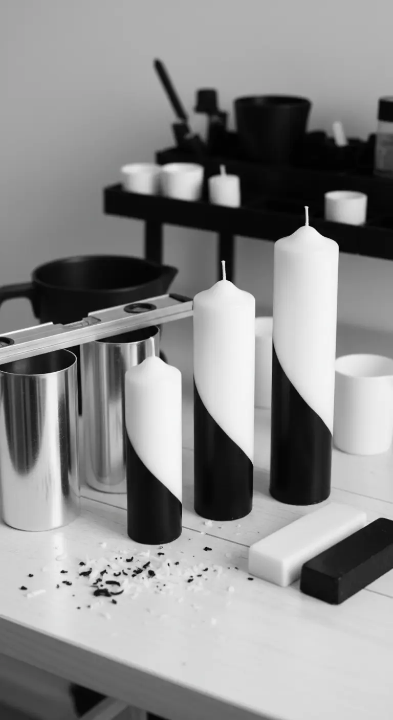 Tres velas cilíndricas con un diseño minimalista en blanco y negro, cortadas en diagonal