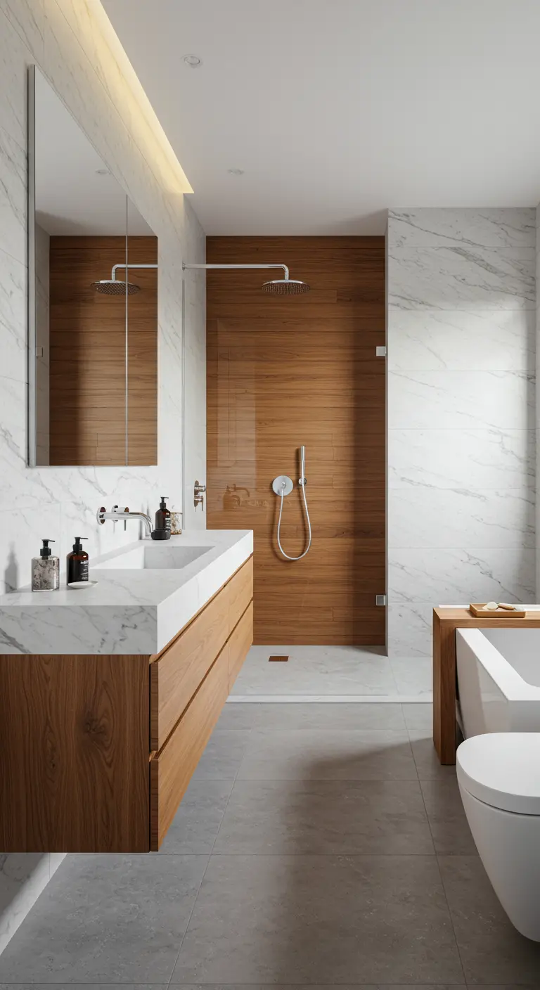 Baño con paredes de mármol blanco, mueble de madera y pared de la ducha en madera de teca.