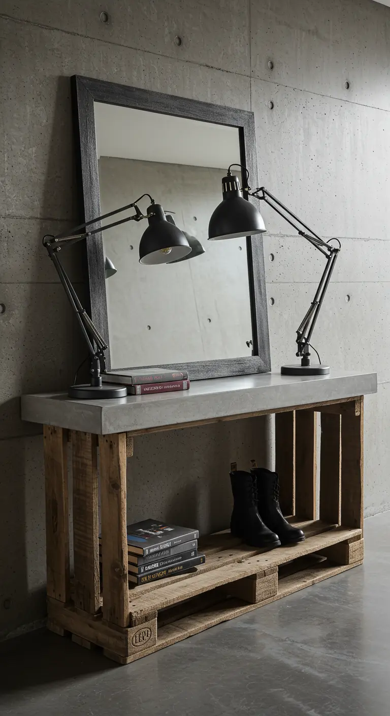 Mesa consola de palet de madera con una encimera de hormigón pulido y lámparas de arquitecto.