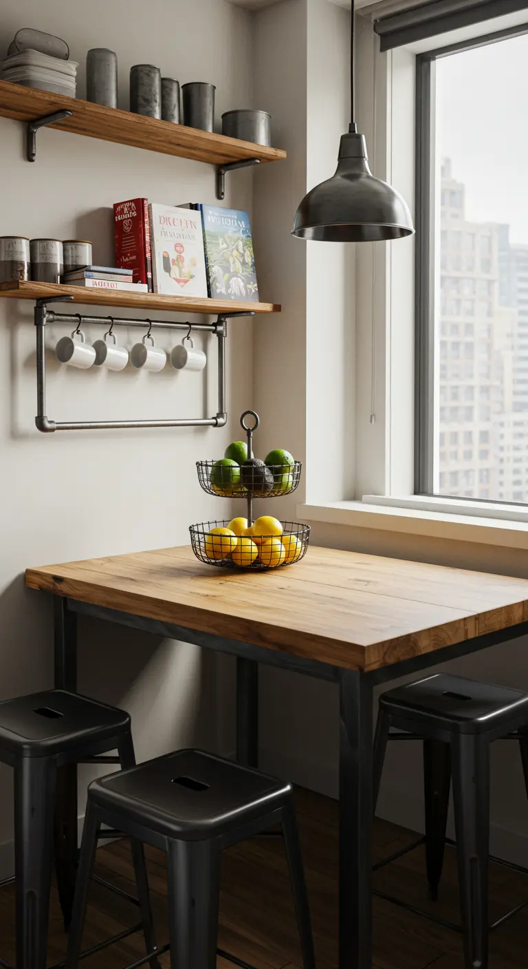 Mesa de cocina industrial pequeña con un frutero de alambre de dos pisos con limones y aguacates.