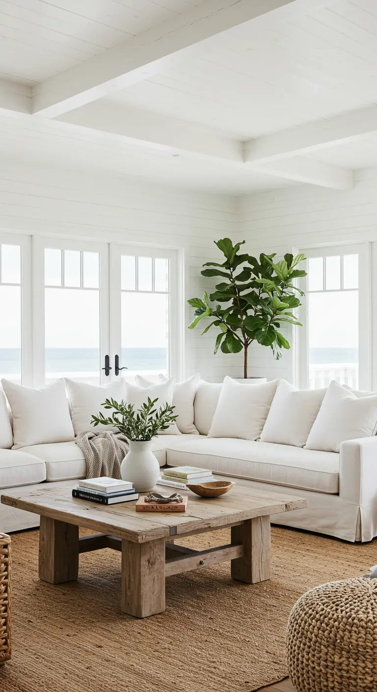 Sala de estar de estilo costero con sofá blanco, mesa de centro de madera rústica y alfombra de yute.