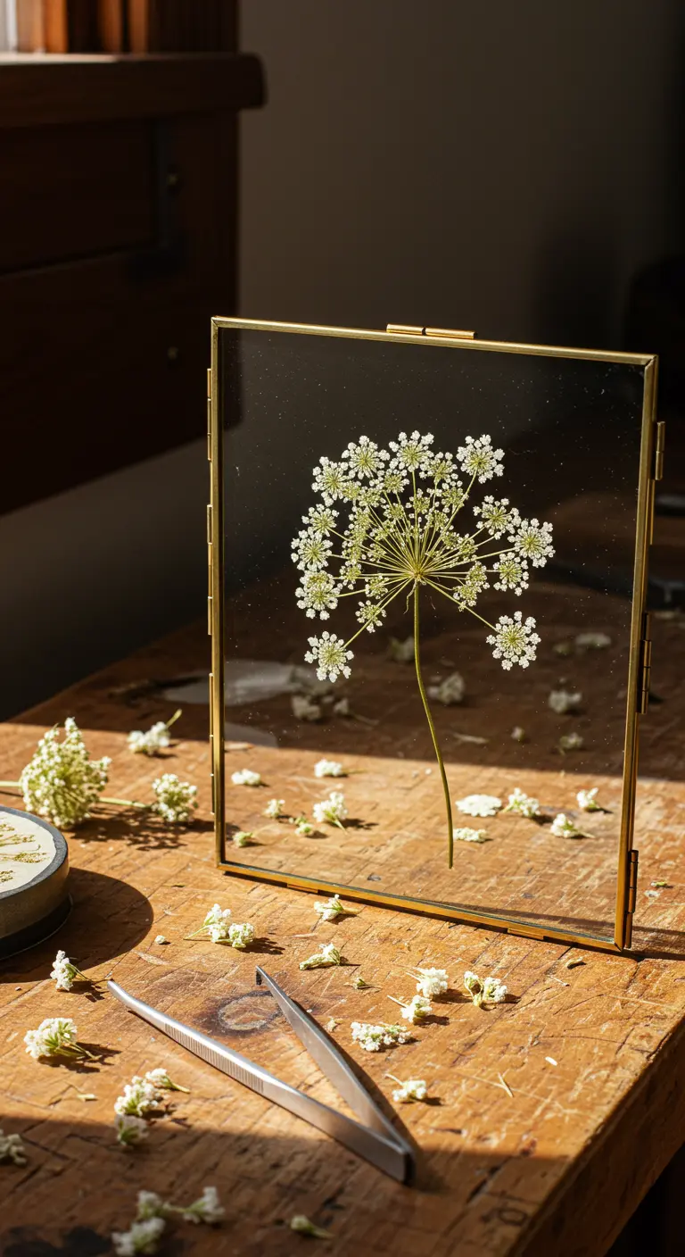 Flor blanca prensada en un marco de cristal dorado sobre una mesa de madera.