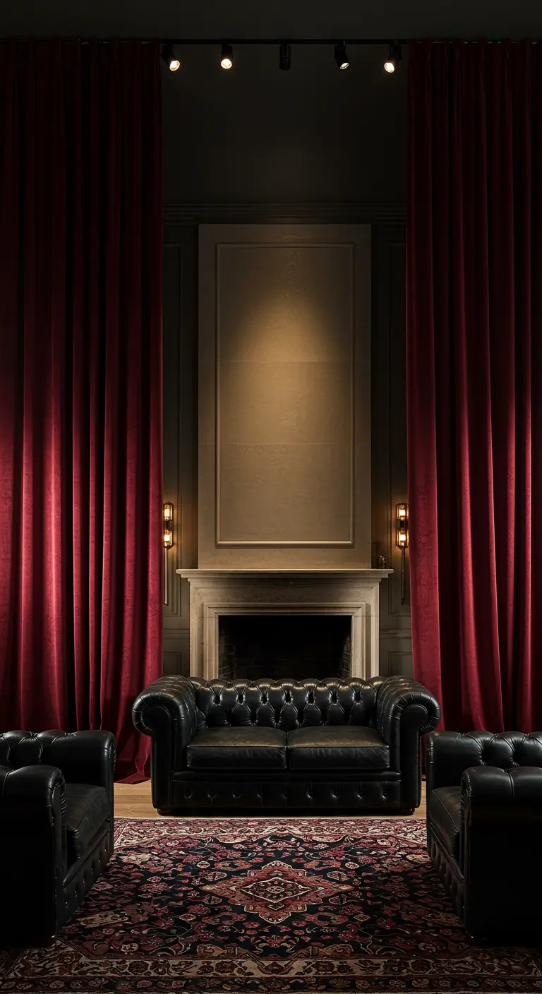 Cortinas de terciopelo rojo flanqueando una chimenea en una sala de estar señorial.