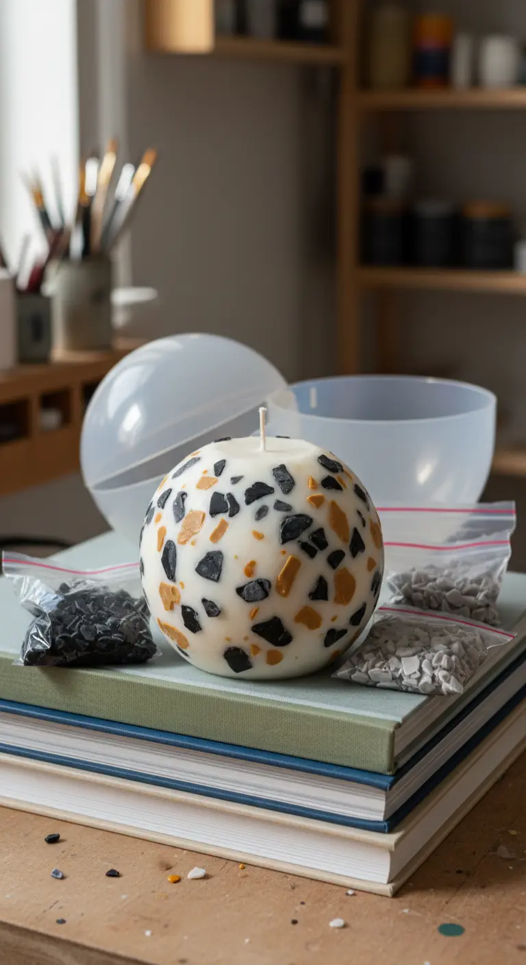 Vela esférica casera con efecto terrazo en blanco, negro y dorado, sobre unos libros