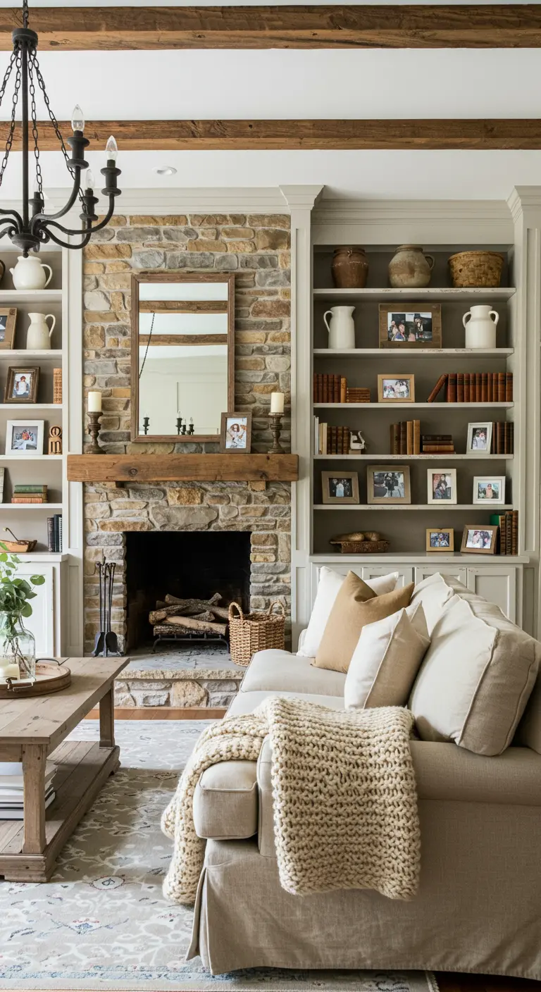 Estanterías empotradas a ambos lados de una chimenea de piedra en una sala de estar rústica.