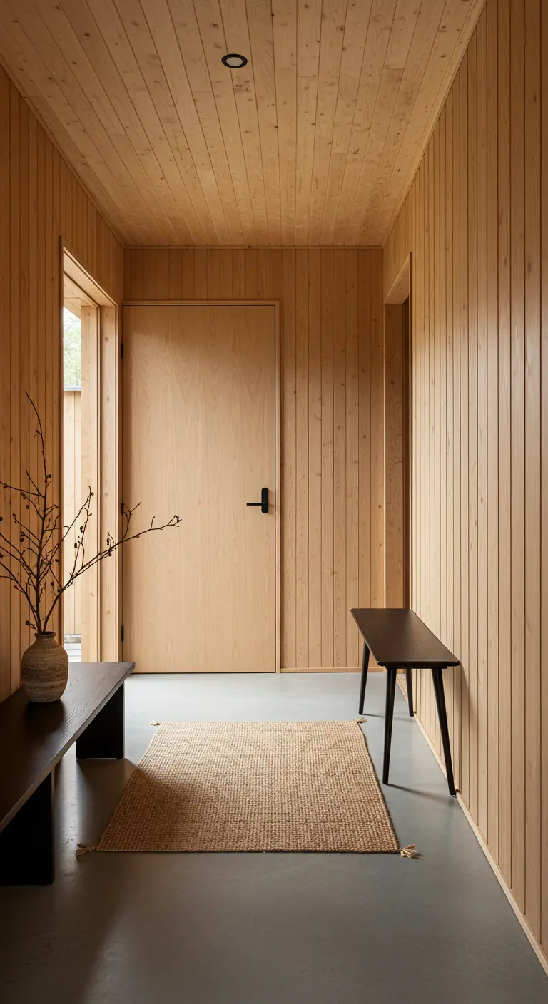 Recibidor minimalista con paredes y techo de listones de madera clara y bancos negros
