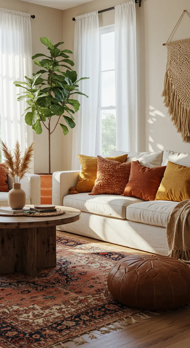 Sala de estar boho chic con sofá blanco, cojines en tonos tierra, y una gran planta de interior.